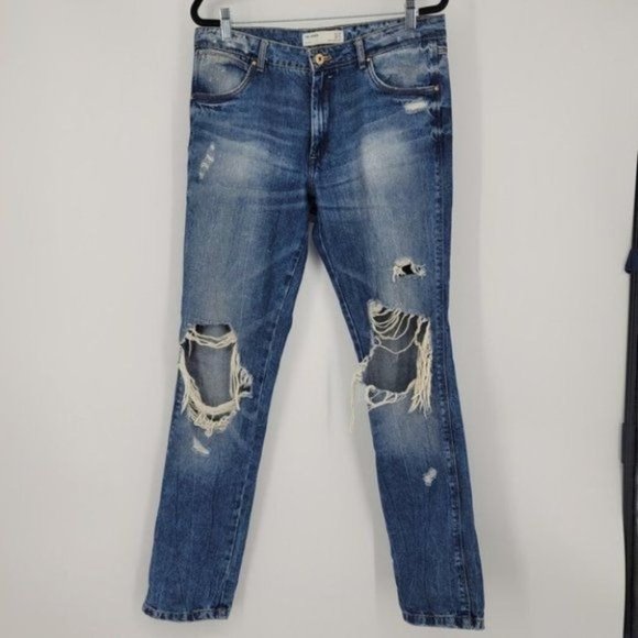 Zara High Rise Denim Distressed Skinny Jeans Sz 6